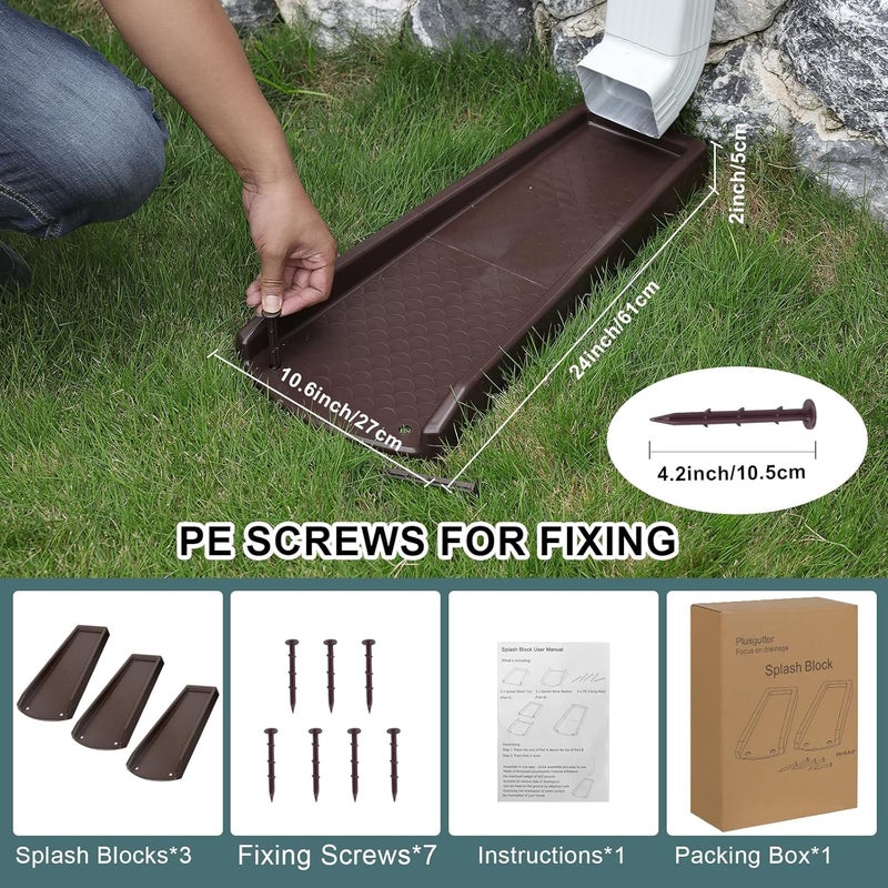 plusgutter Rain Gutter Downspout Splash Block, Gutter Downspout Extensions for Water Drainage, 24" Gutter Splash Guards Downspout Extender, Fixable Down spout Drain Trays with PE Nails(3 Pack, Brown) - Image 5